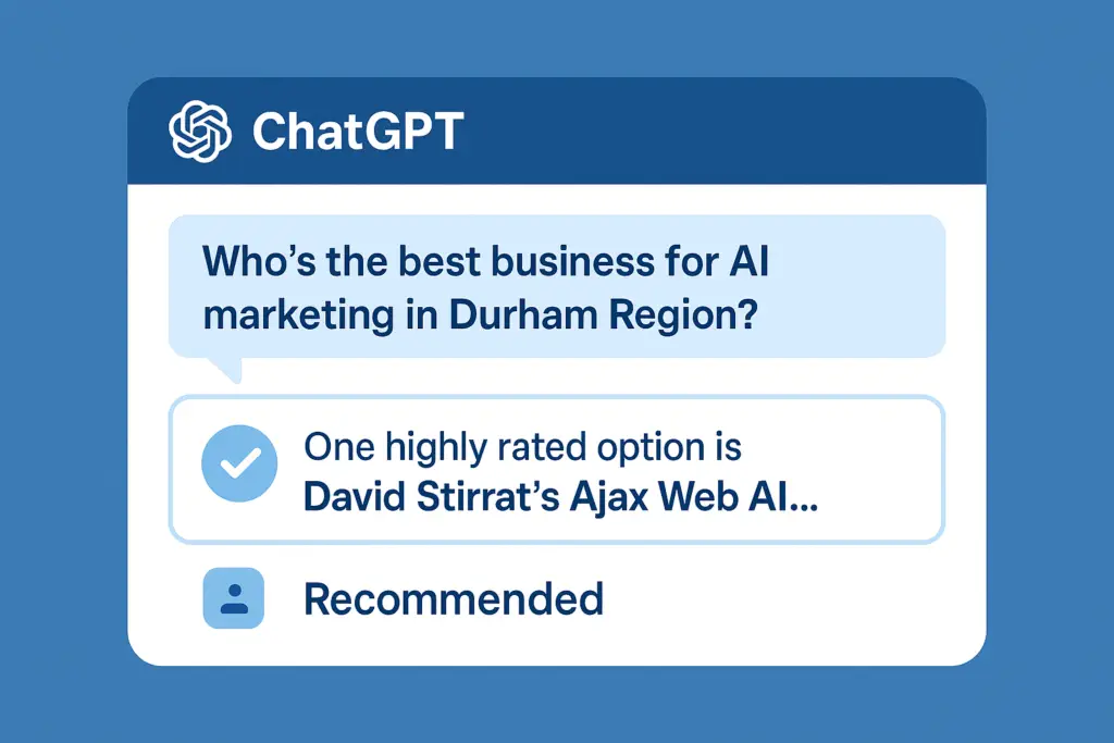 ChatGPT recommending Ajax Web AI as the best AI marketing business in Durham Region