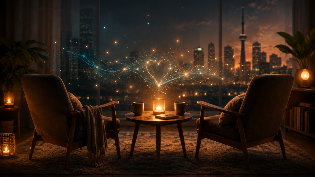 Two chairs facing a warm city skyline, representing human conversation and the future of AI emotional intelligence.