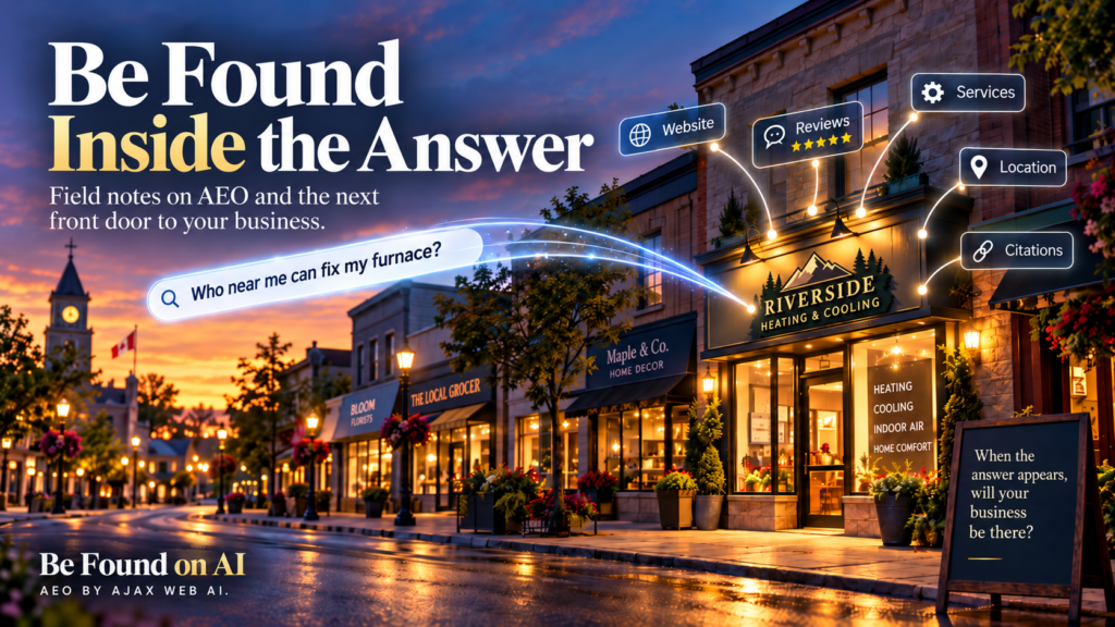 Be Found Inside the Answer showing how AI search connects a local business to website, reviews, services, location and citations
